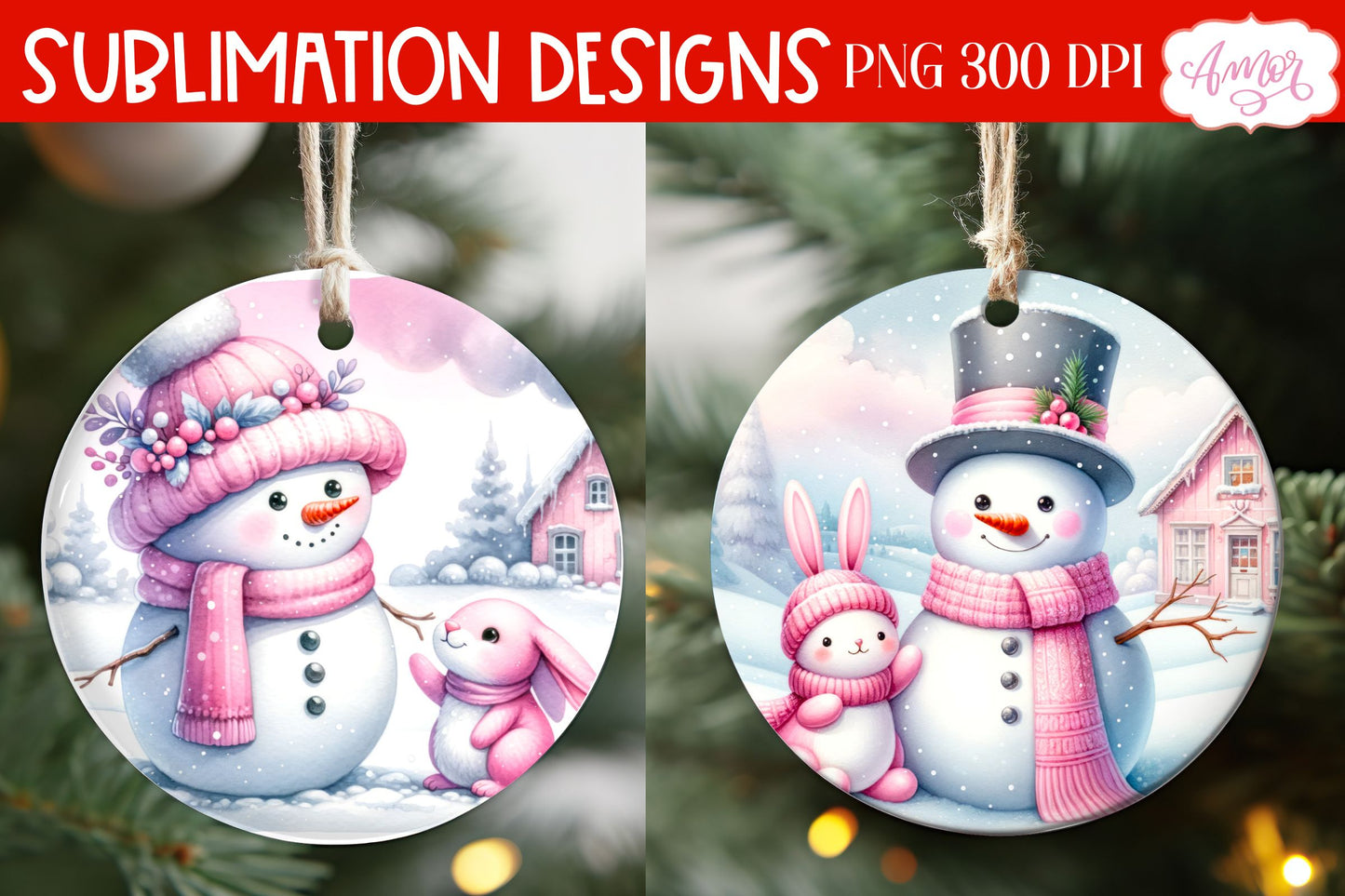 Pink Round christmas ornament PNG sublimation | Snowman PNG