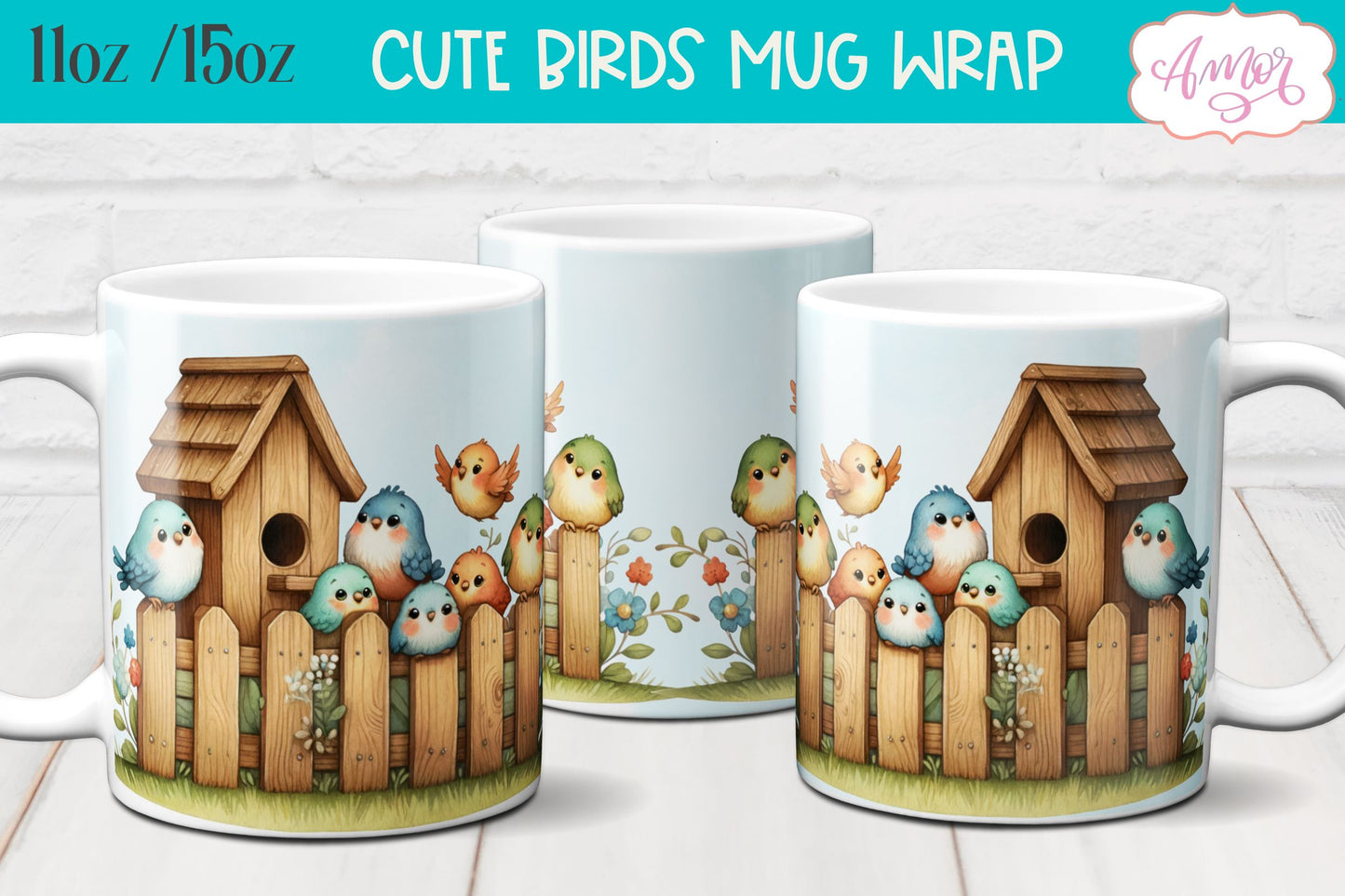 Bundle of 8 Cute watercolor birds mug wraps for sublimation