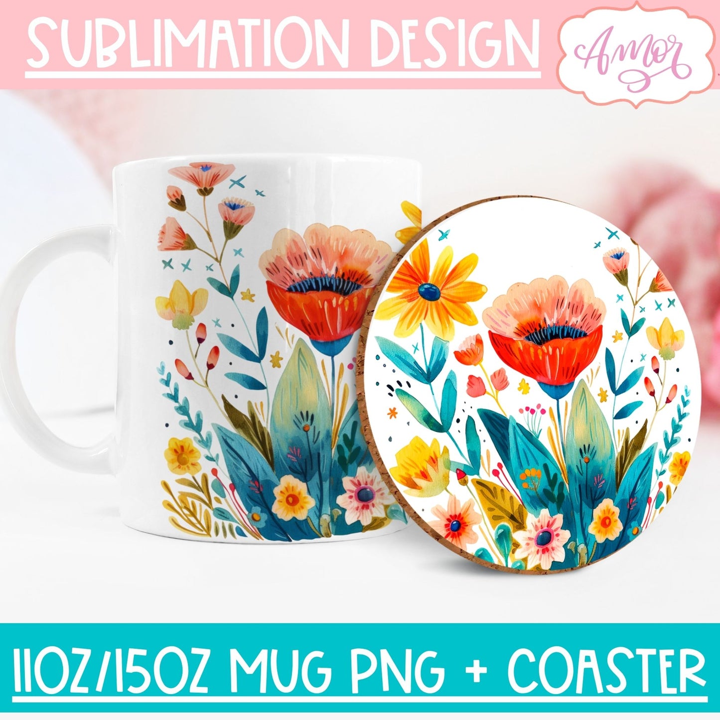 Wildflowers mug wrap and coaster PNG for Sublimation BUNDLE