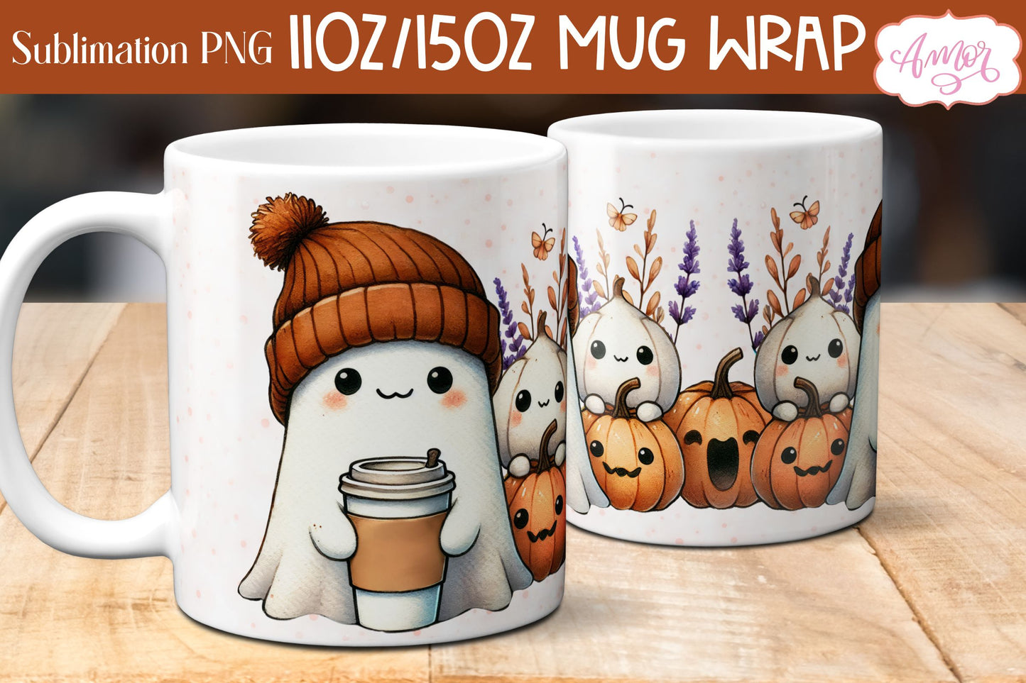 Cute fall mug wrap PNG for sublimation | Halloween ghost mug