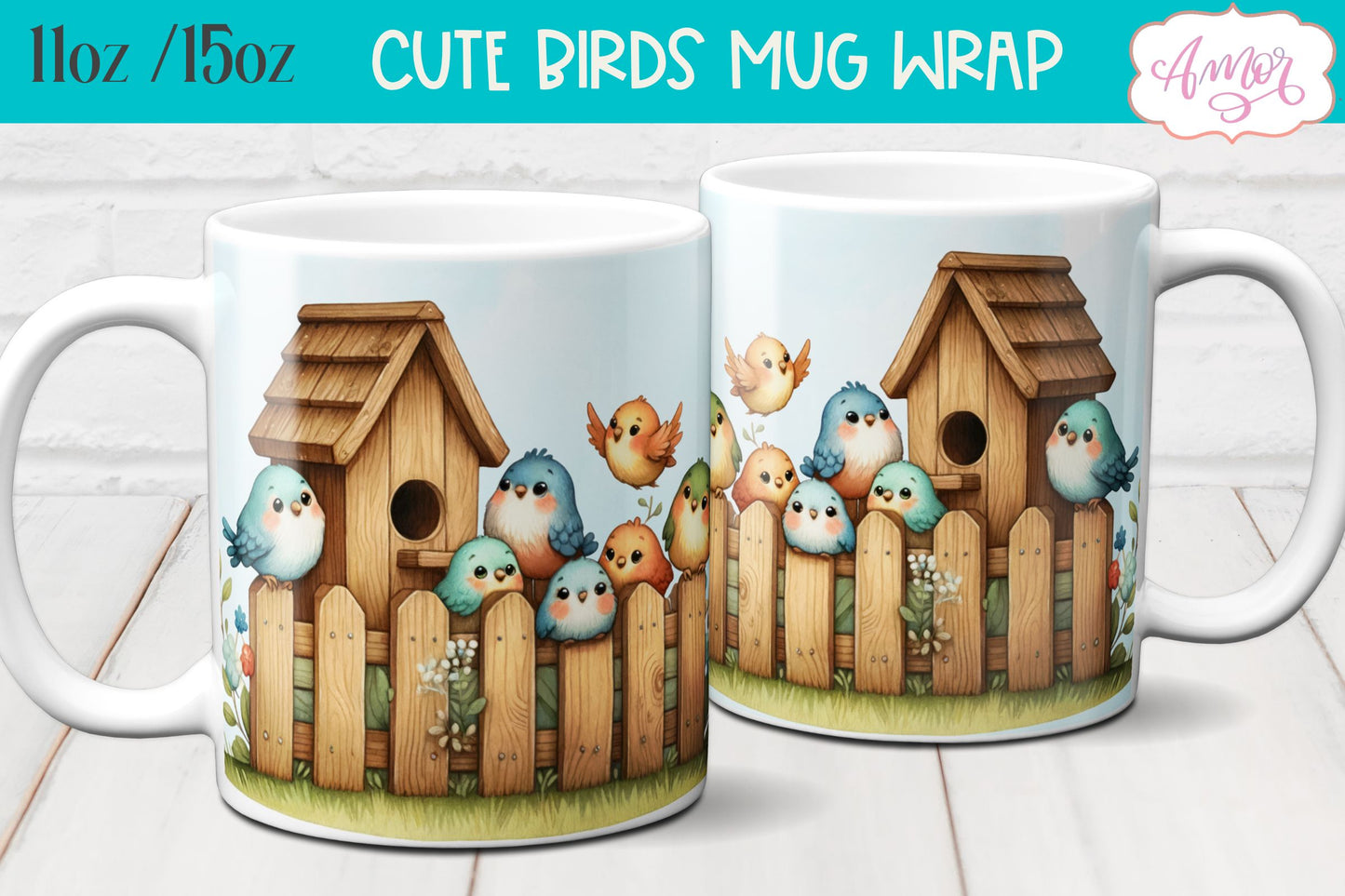 Bundle of 8 Cute watercolor birds mug wraps for sublimation