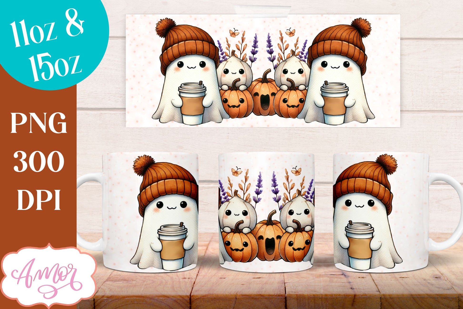 Cute fall mug wrap PNG for sublimation | Halloween ghost mug