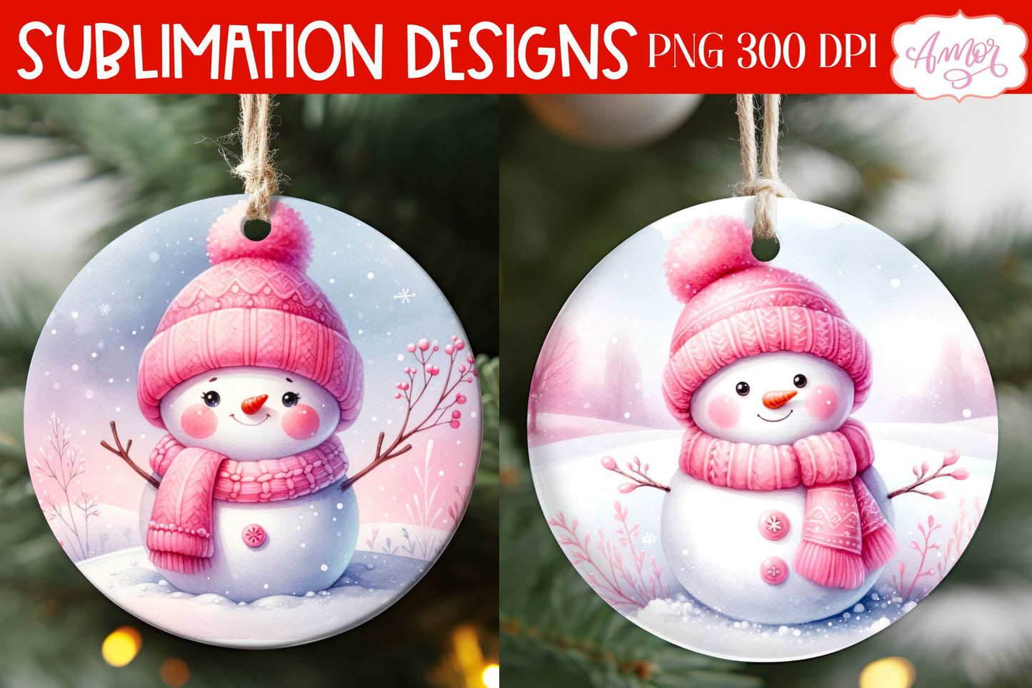 Pink Round christmas ornament PNG sublimation | Snowman PNG
