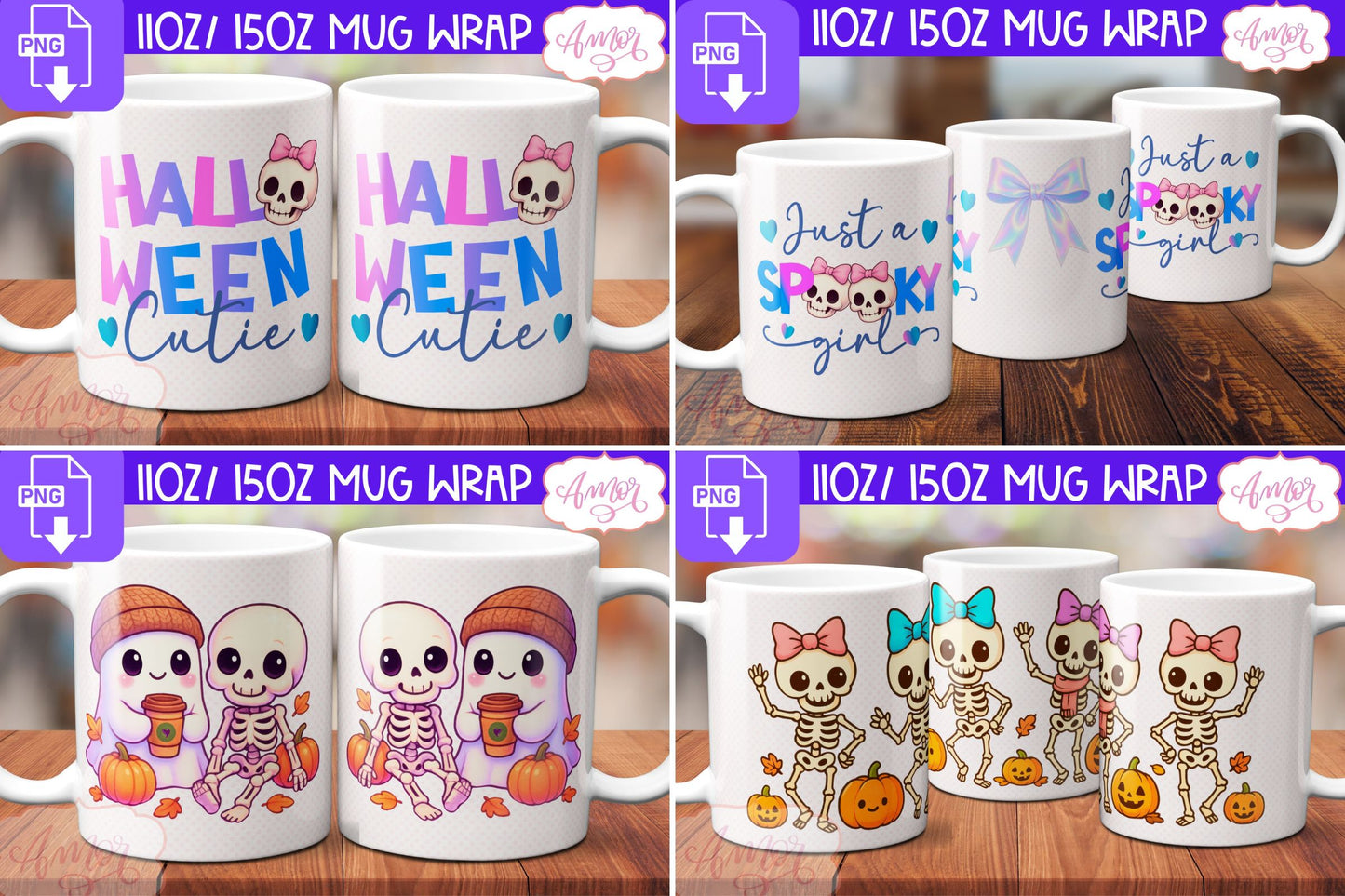 BUNDLE Halloween Mug Wrap PNG, Cute Halloween Mug Template