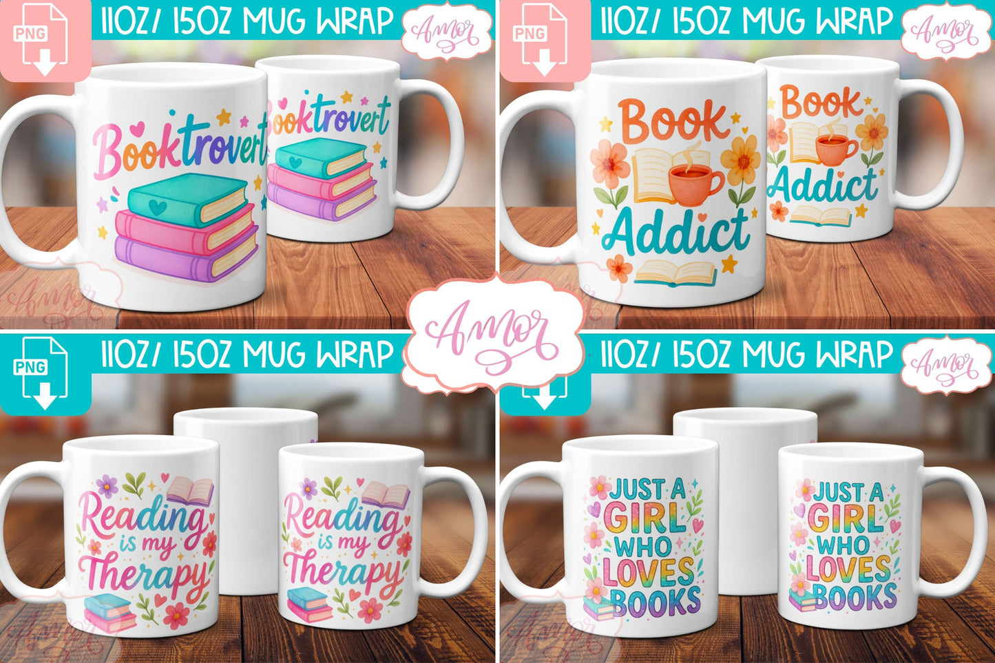 Book lover mug wrap sublimation PNG BUNDLE, book nerd mugs