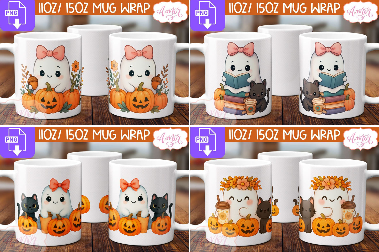 DIGITAL DOWNLOAD BUNDLE Cute ghost mug wrap, Sublimation png