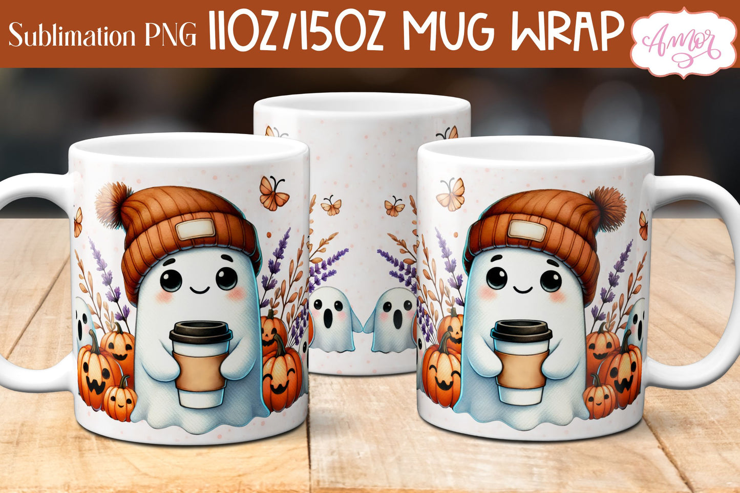 Cute fall mug wrap PNG for sublimation | Halloween ghost mug