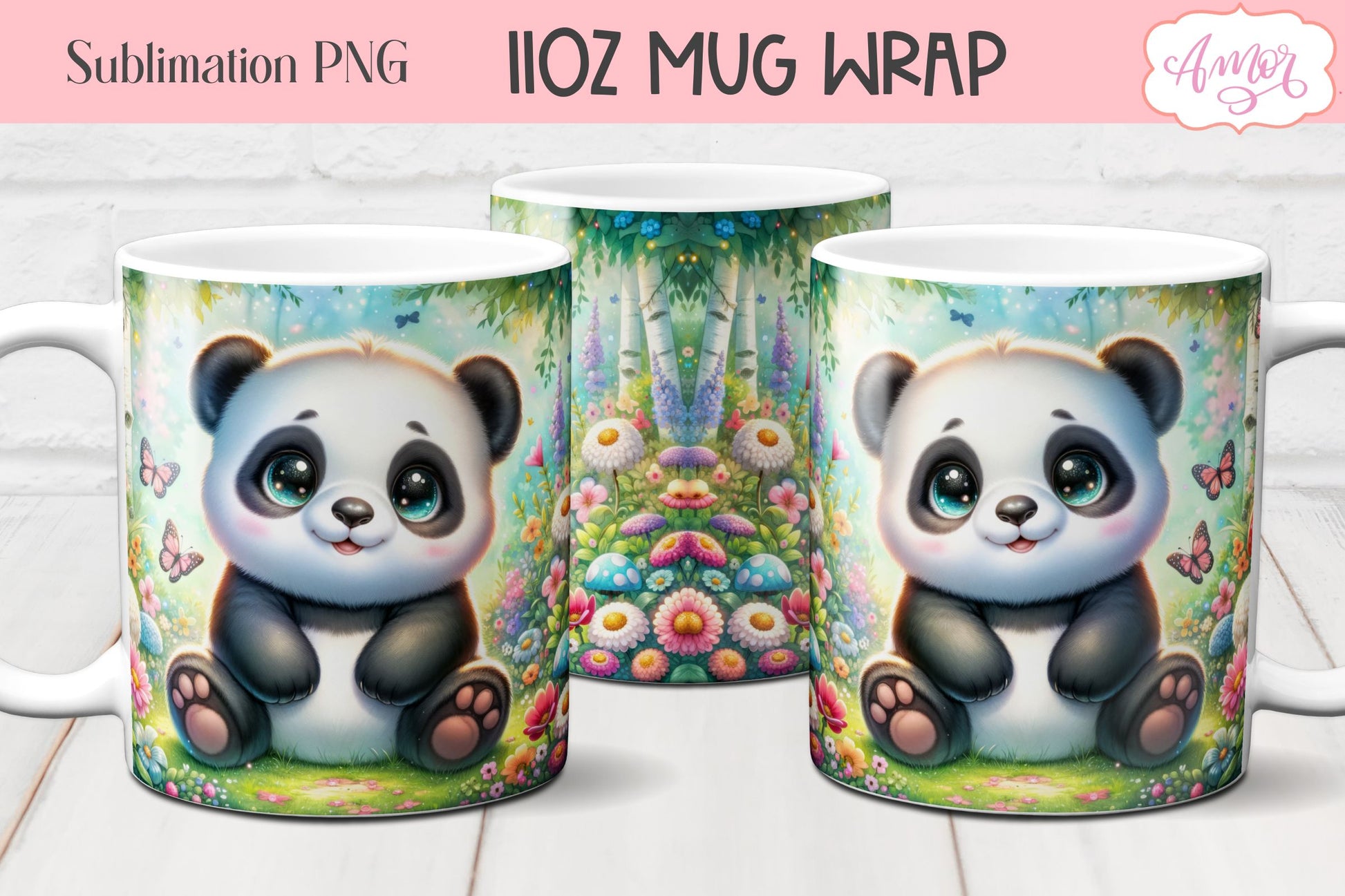 Cute baby panda bear mug wrap PNG for sublimation BUNDLE