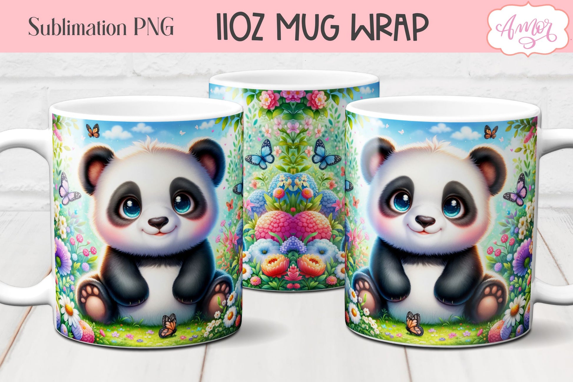 Cute baby panda bear mug wrap PNG for sublimation BUNDLE