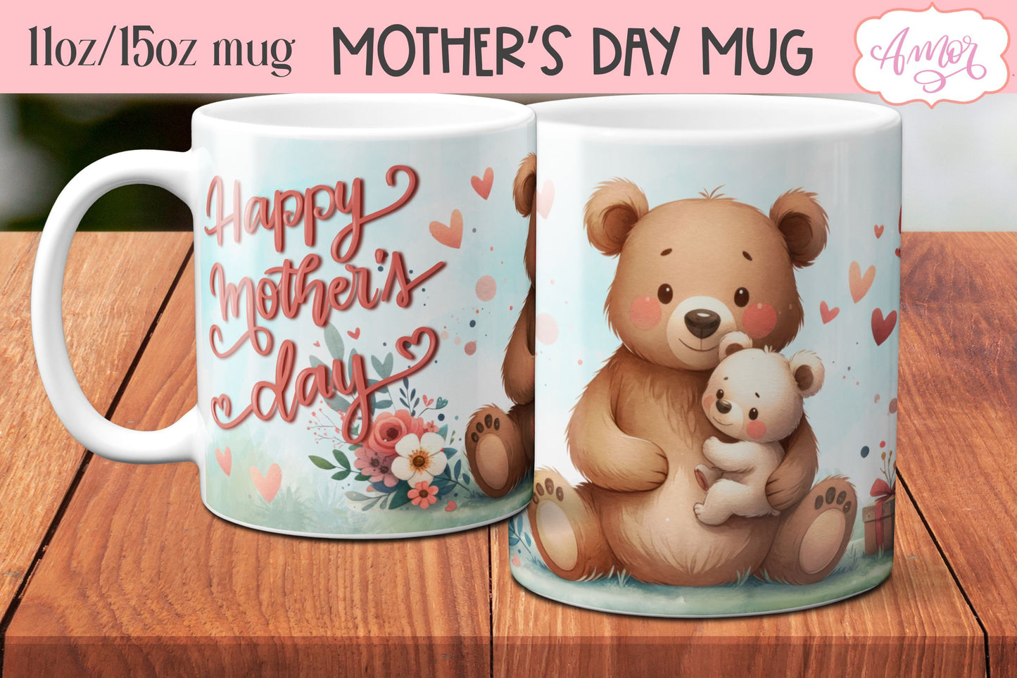 Cute bear mama mug wrap | Mother's day mug PNG BUNDLE
