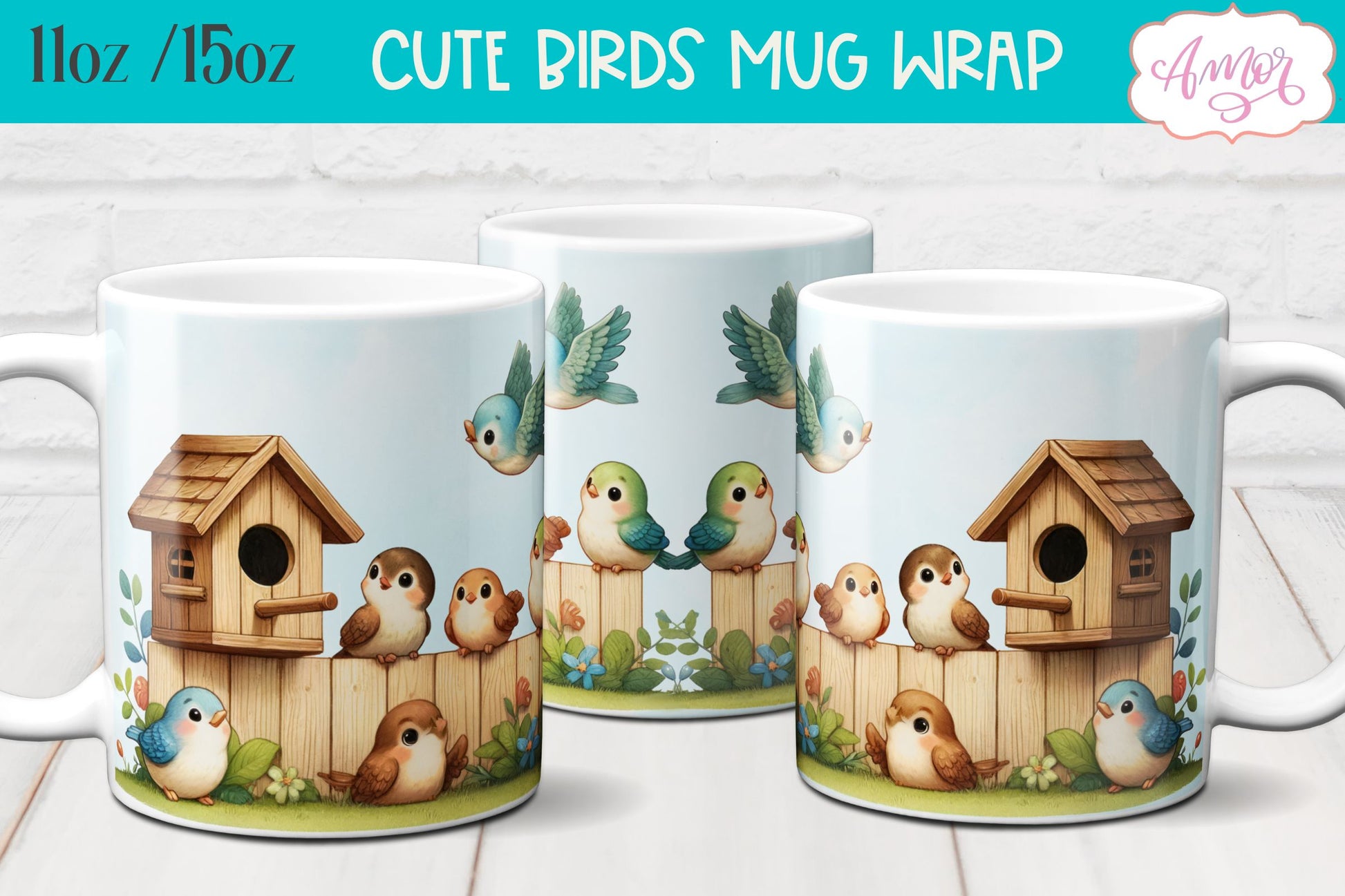 Bundle of 8 Cute watercolor birds mug wraps for sublimation