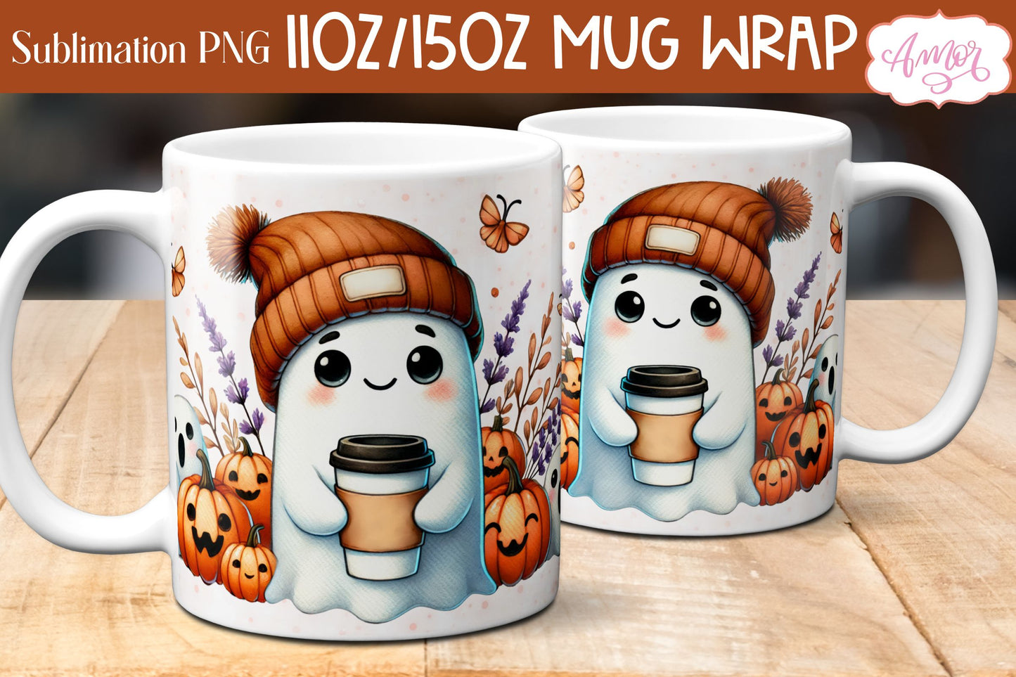 Cute fall mug wrap PNG for sublimation | Halloween ghost mug