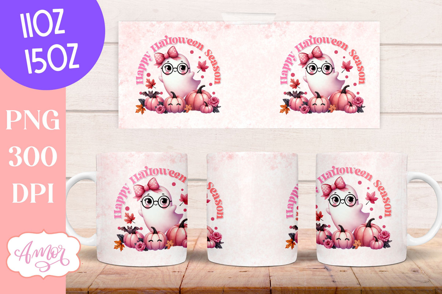 Happy Halloween mug wrap sublimation PNG | Pink Halloween mug