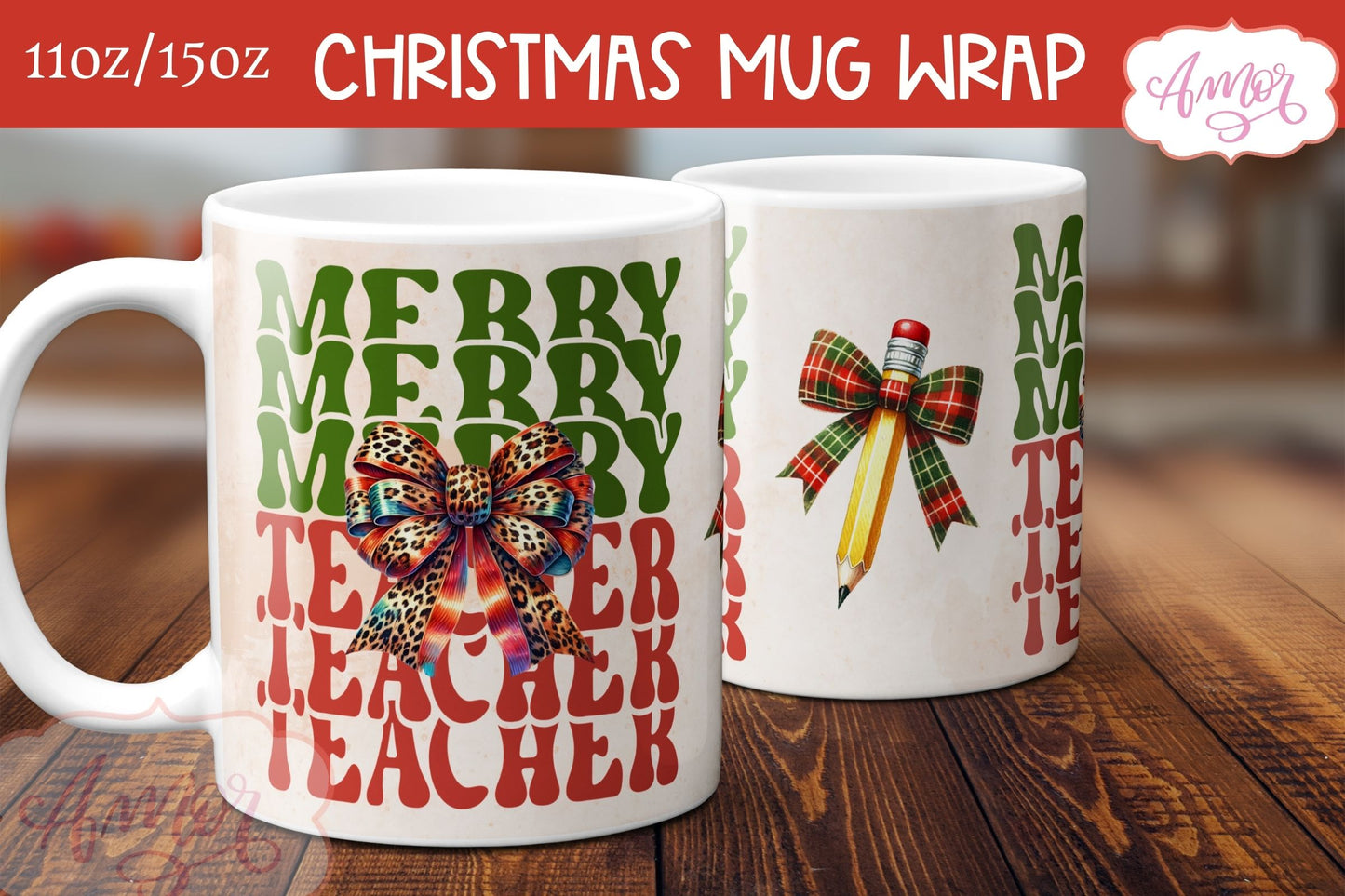 Merry teacher mug wrap PNG | Christmas coffee mug PNG