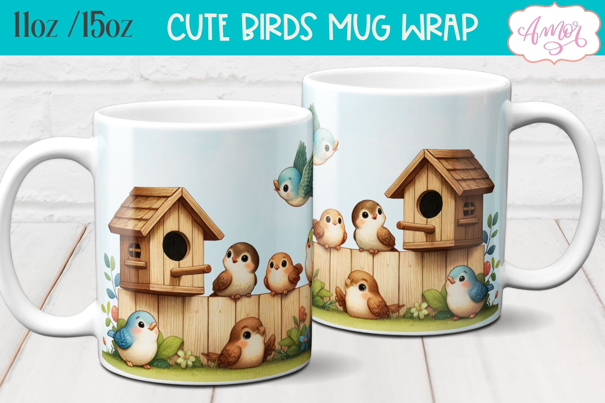 Bundle of 8 Cute watercolor birds mug wraps for sublimation