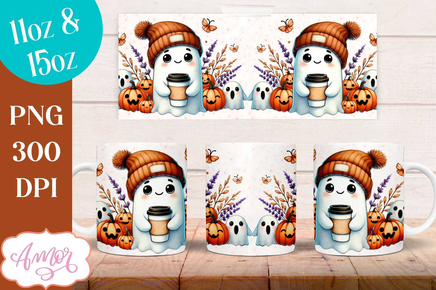 Cute fall mug wrap PNG for sublimation | Halloween ghost mug