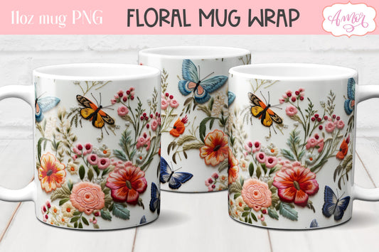 3D embroidery flowers mug wrap design sublimation