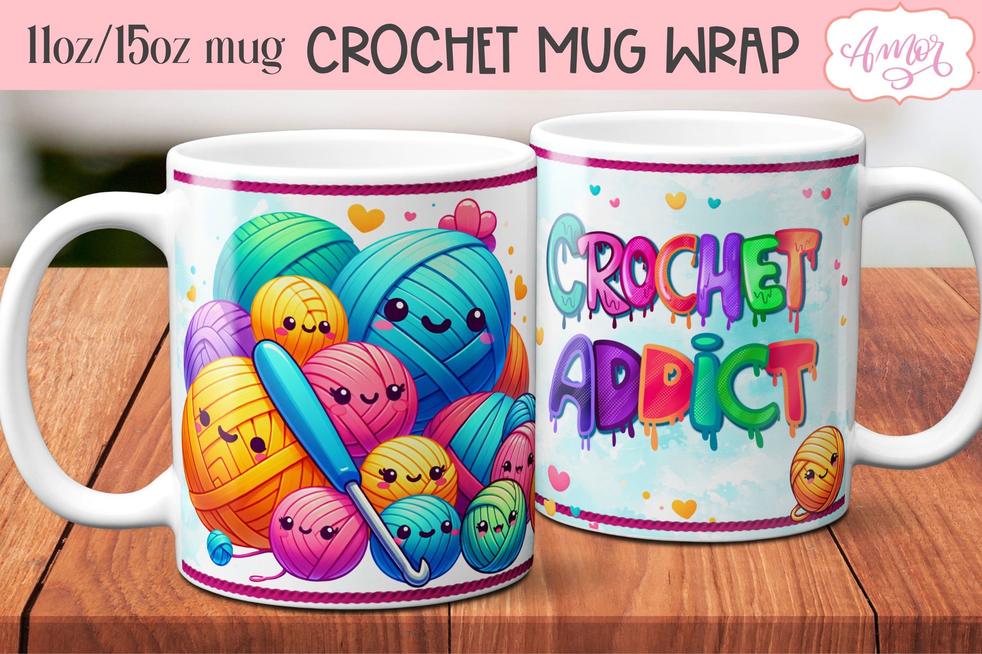 Crochet addict mug wrap PNG for sublimation | Cute yarn balls