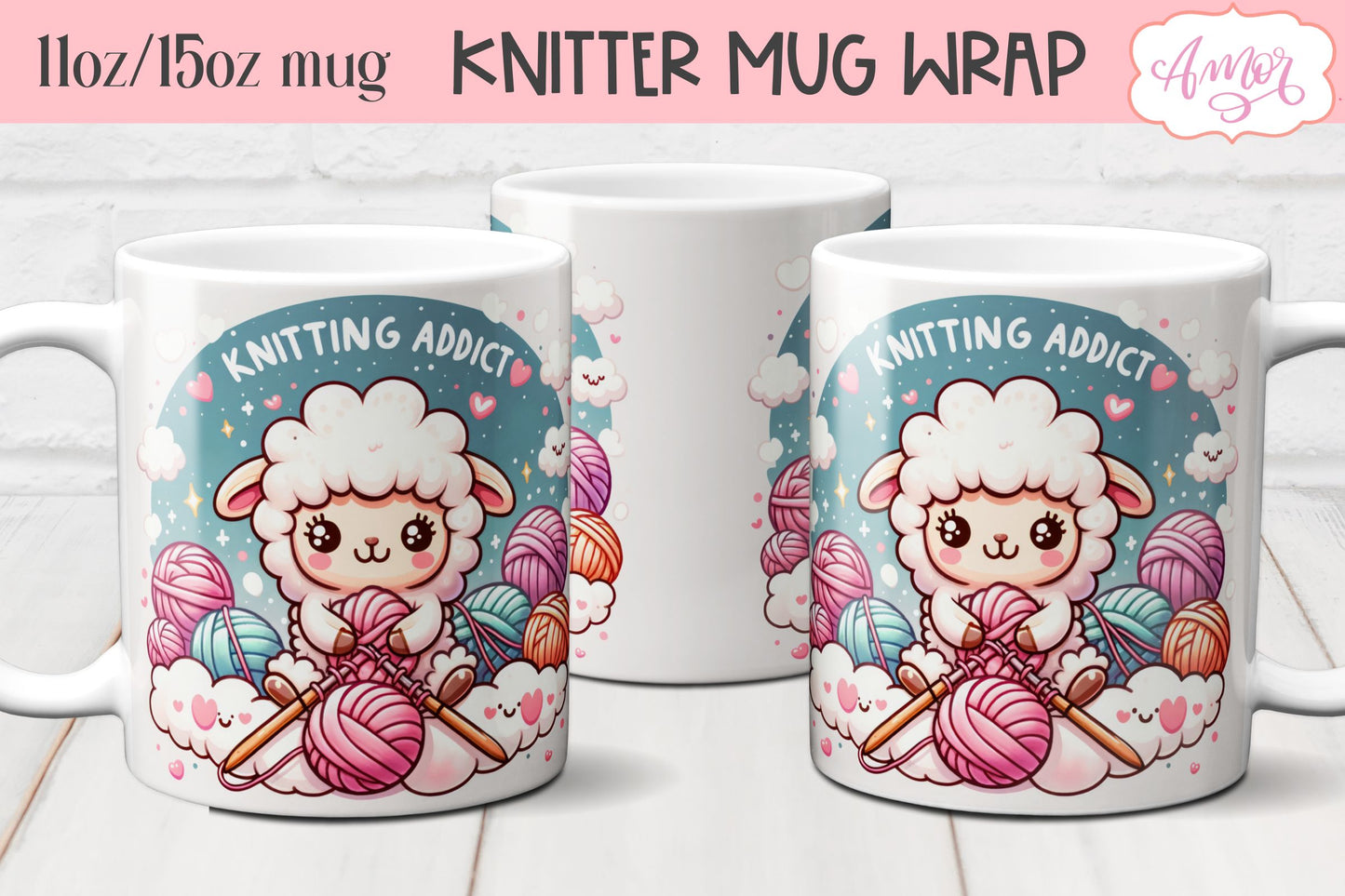 Knitting addict mug wrap PNG for sublimation | Knitter mug