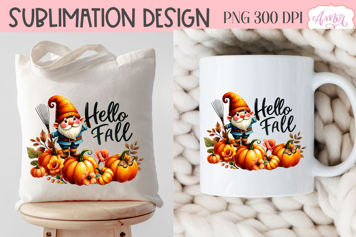 Hello fall sublimation PNG | cute fall gnome PNG design