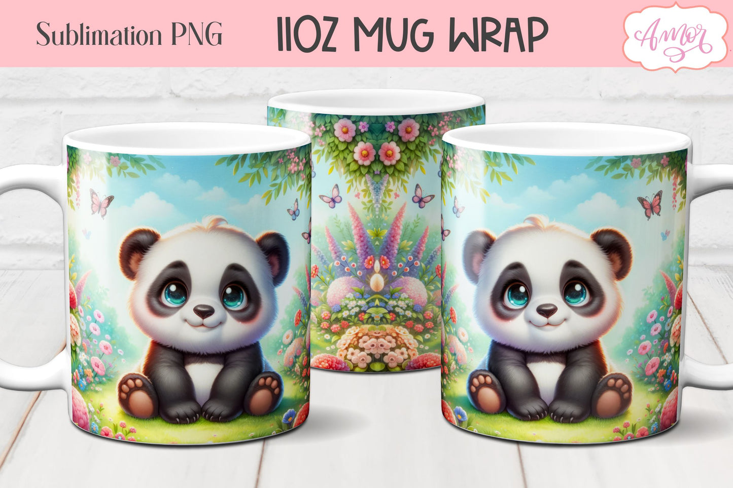 Cute baby panda bear mug wrap PNG for sublimation BUNDLE