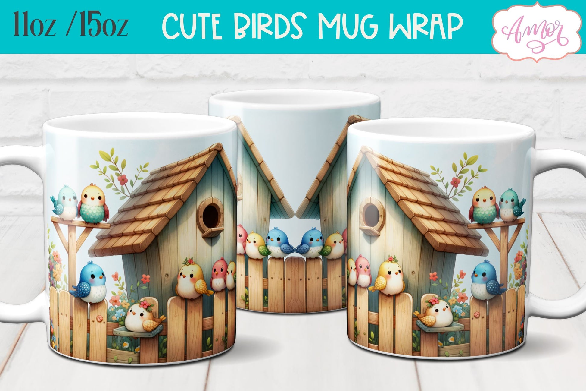 Bundle of 8 Cute watercolor birds mug wraps for sublimation