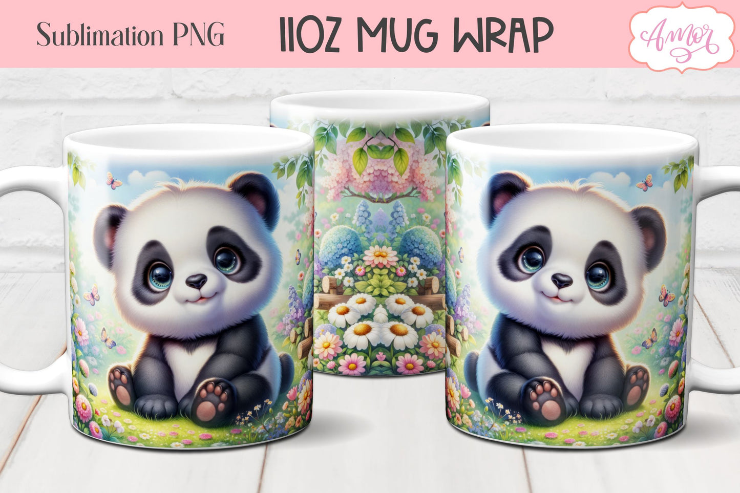 Cute baby panda bear mug wrap PNG for sublimation BUNDLE