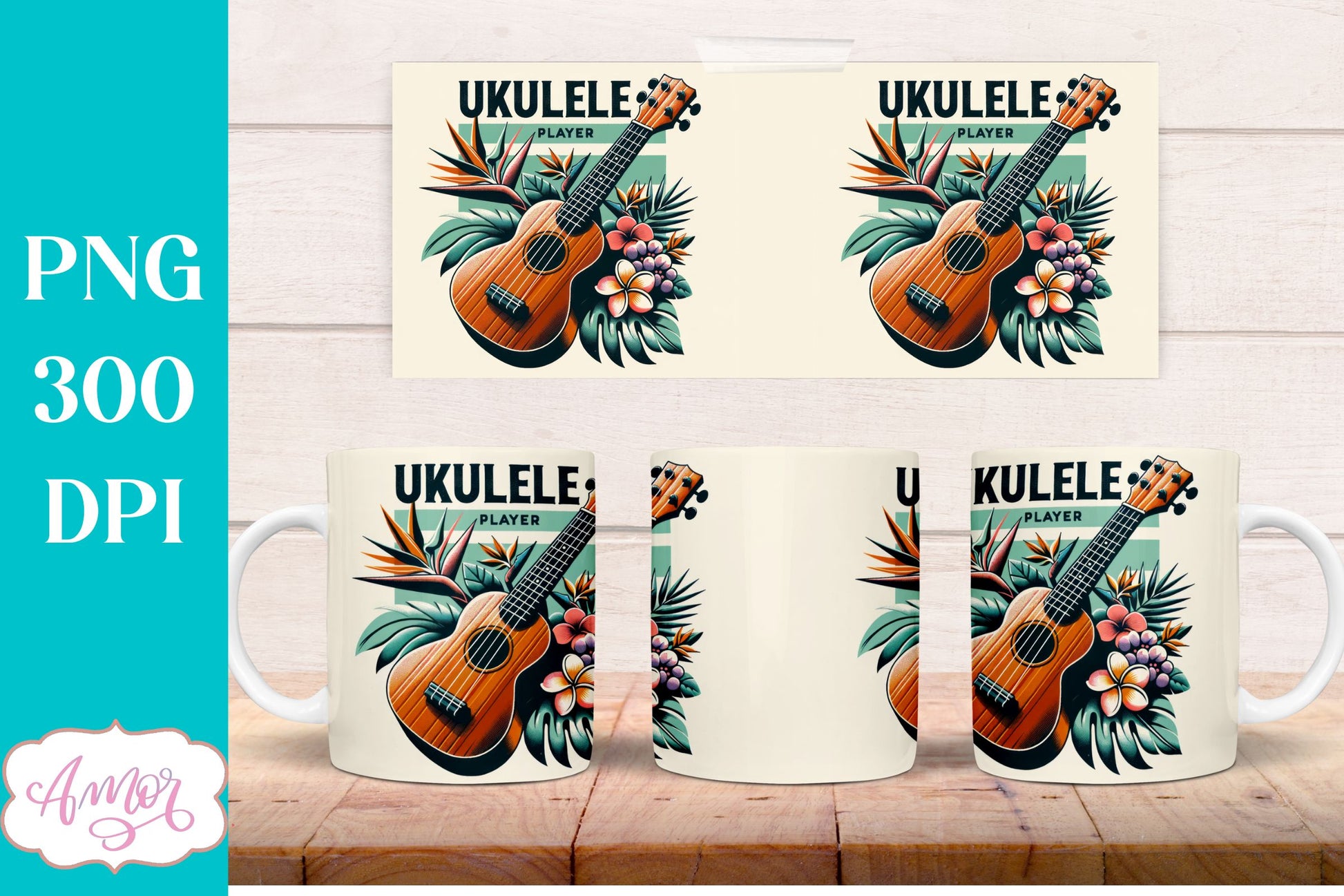 Ukulele Player Mug Wrap PNG for Sublimation