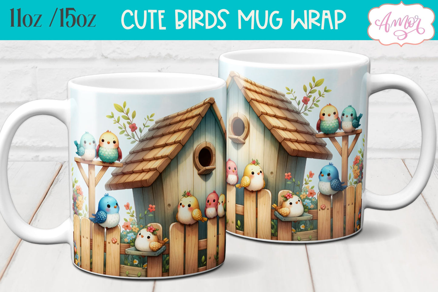 Bundle of 8 Cute watercolor birds mug wraps for sublimation