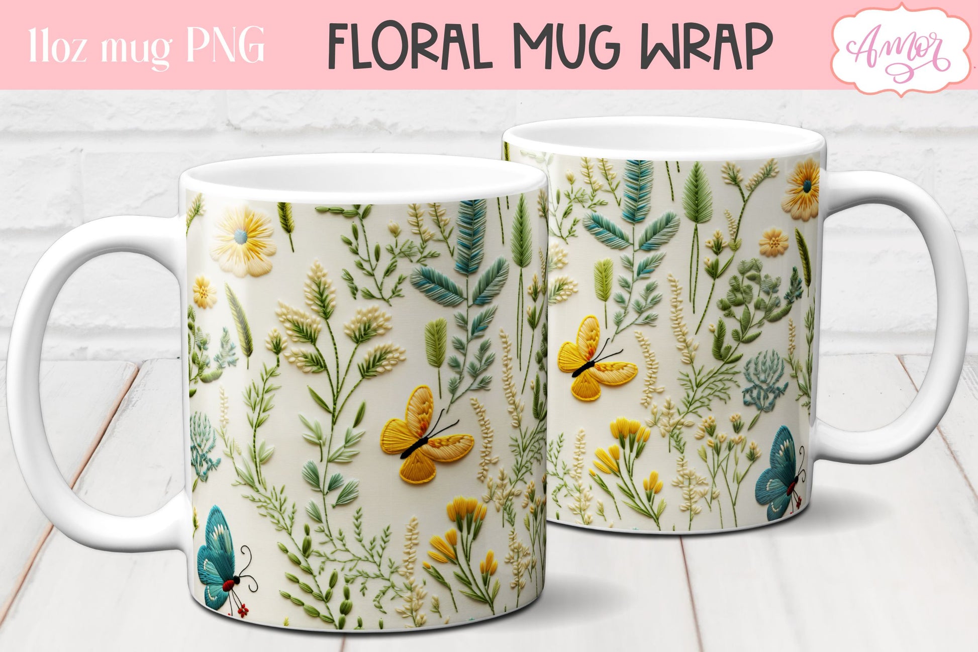 3D embroidery flowers mug wrap design sublimation