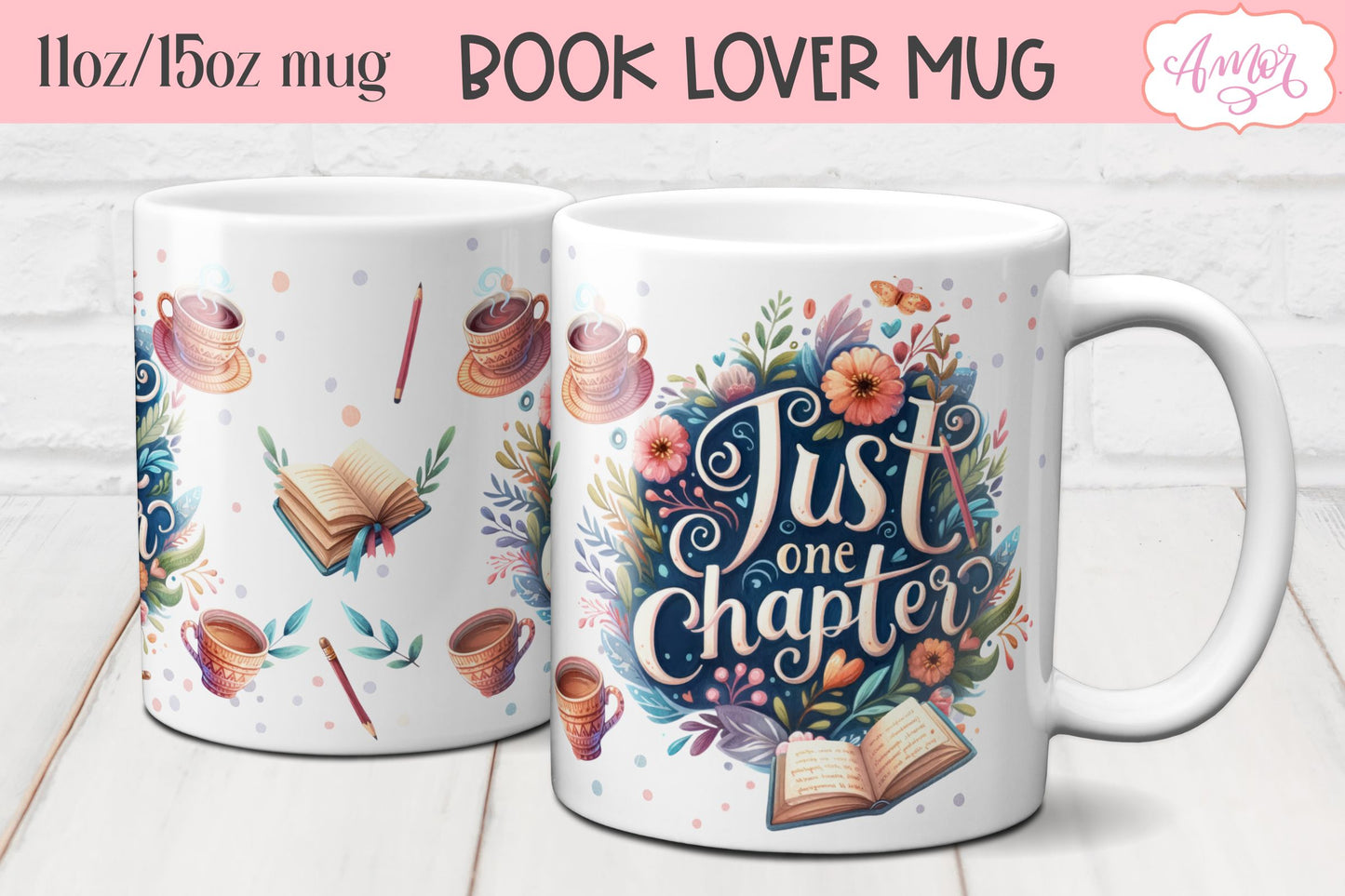 Just one chapter mug wrap sublimation PNG | Book lover mug
