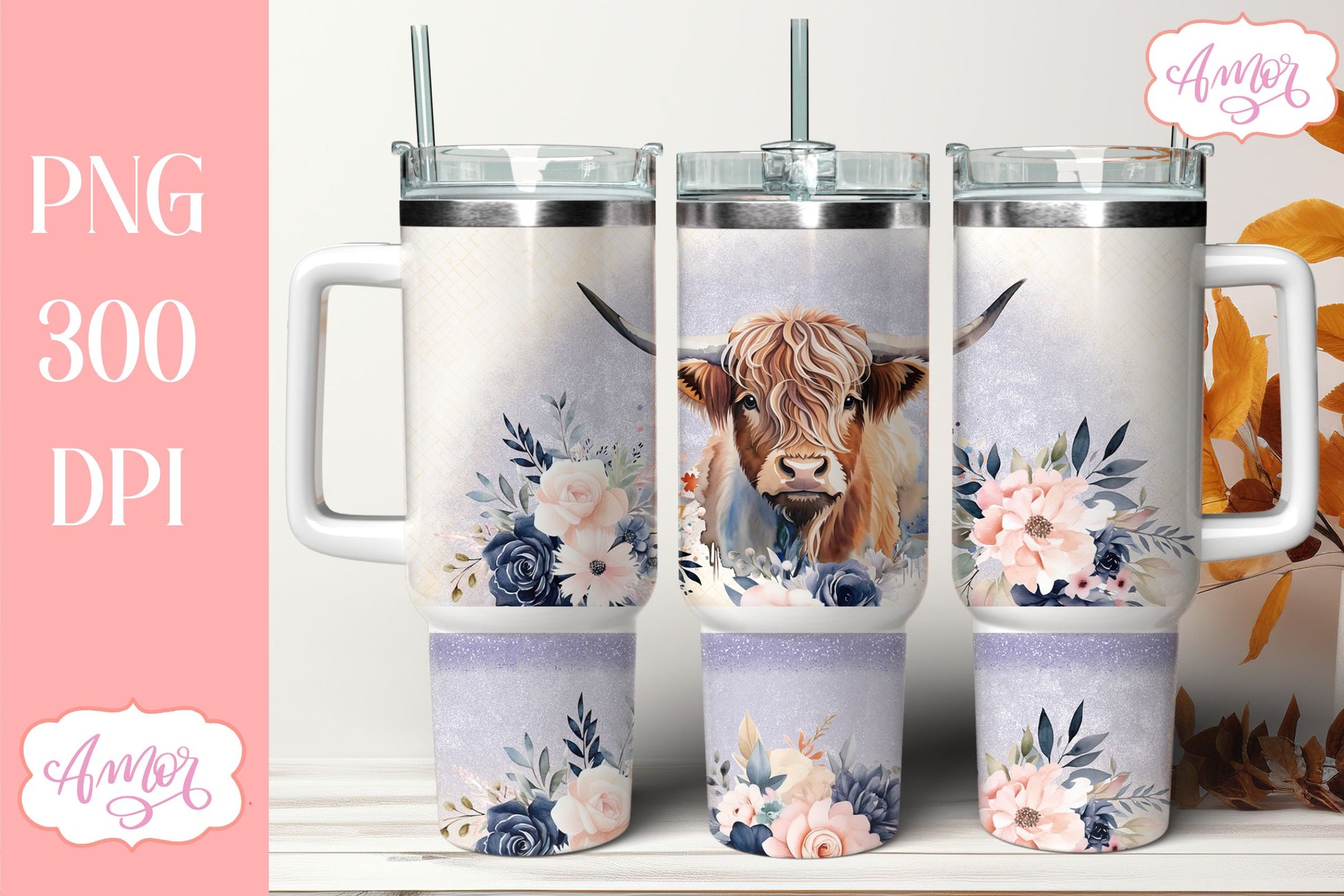 Highland cow and flowers 40 oz tumbler PNG for sublimation