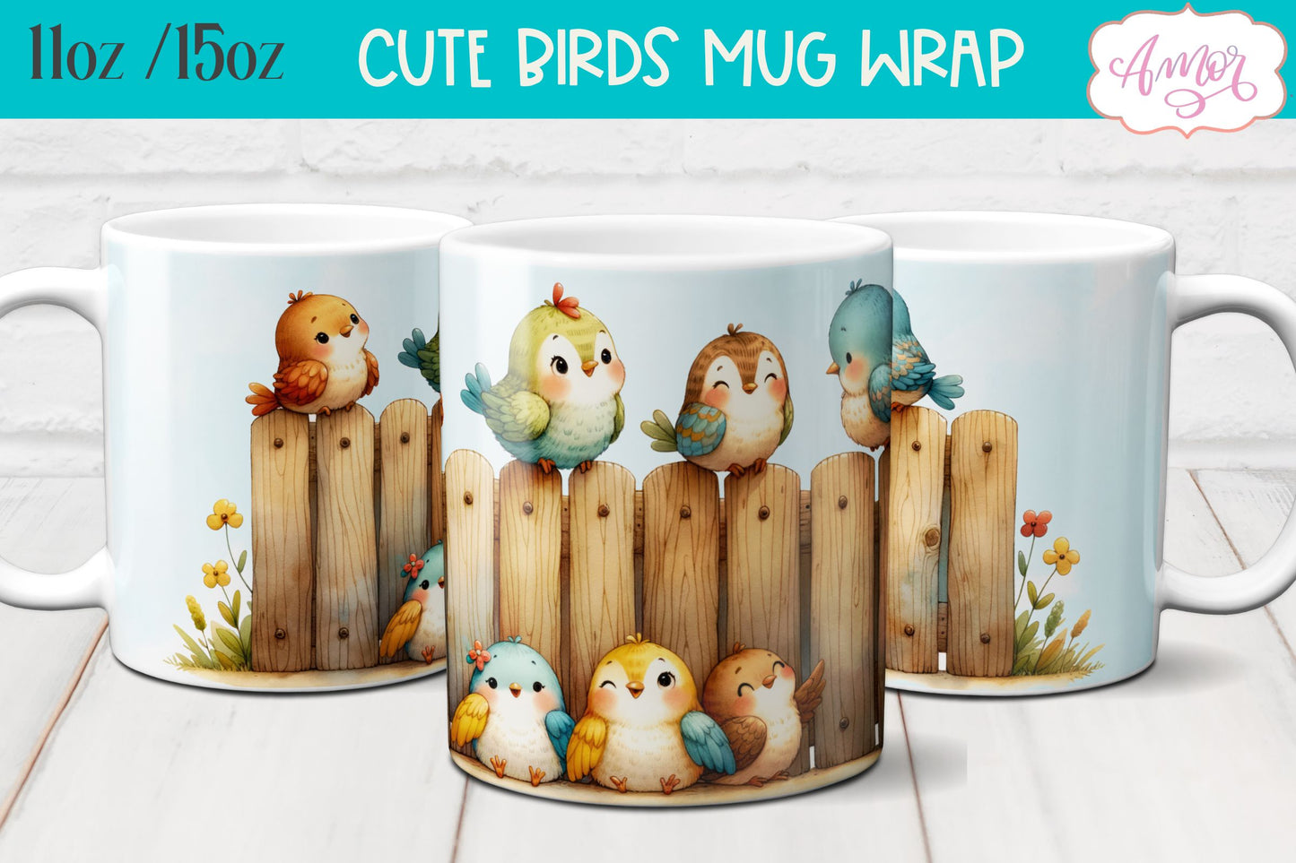 Bundle of 8 Cute watercolor birds mug wraps for sublimation