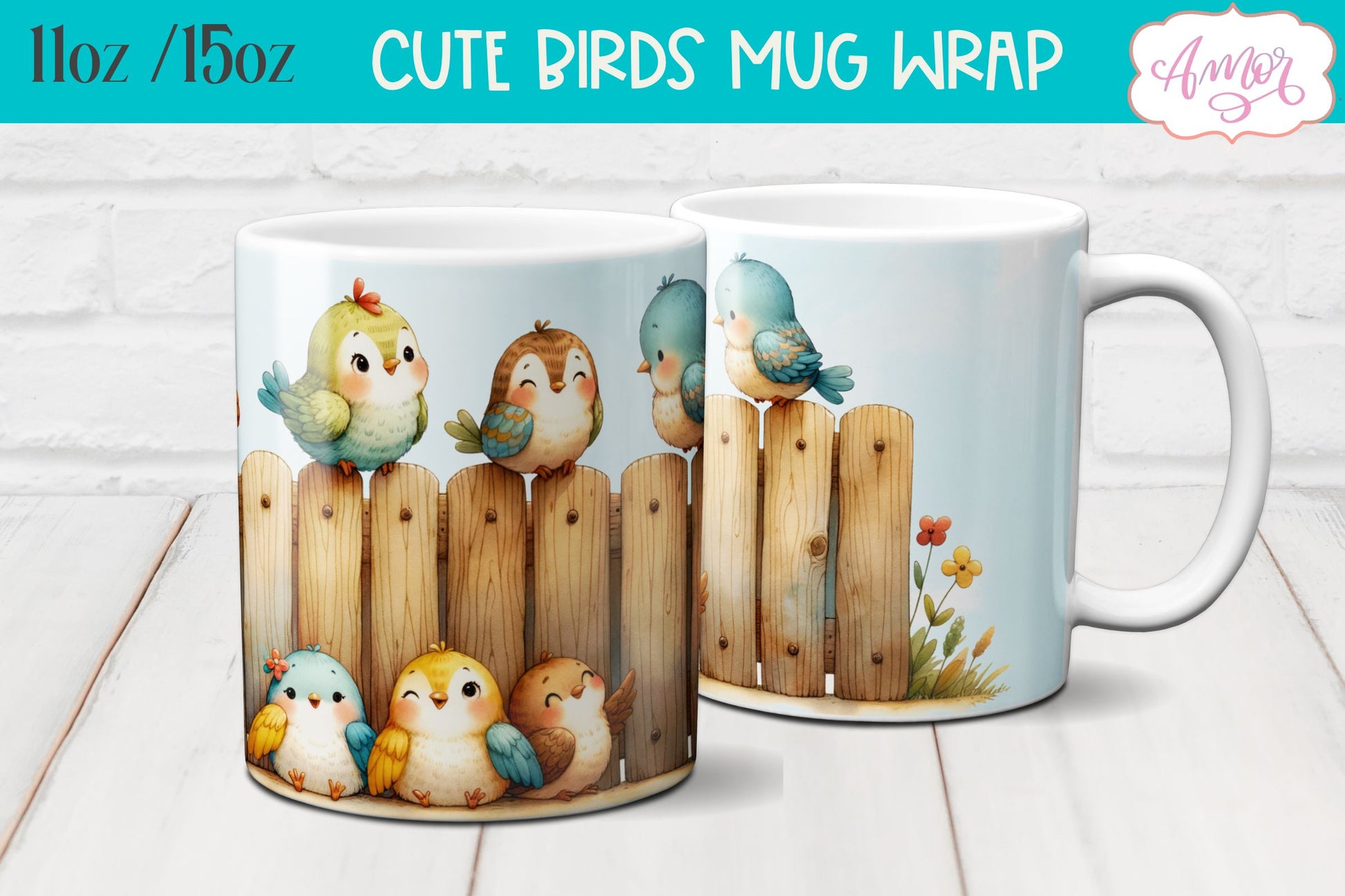 Bundle of 8 Cute watercolor birds mug wraps for sublimation