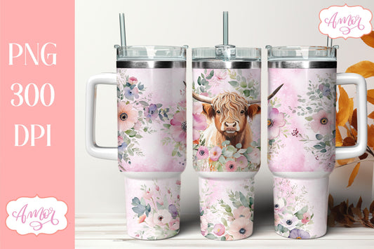 Highland cow and flowers 40 oz tumbler PNG for sublimation