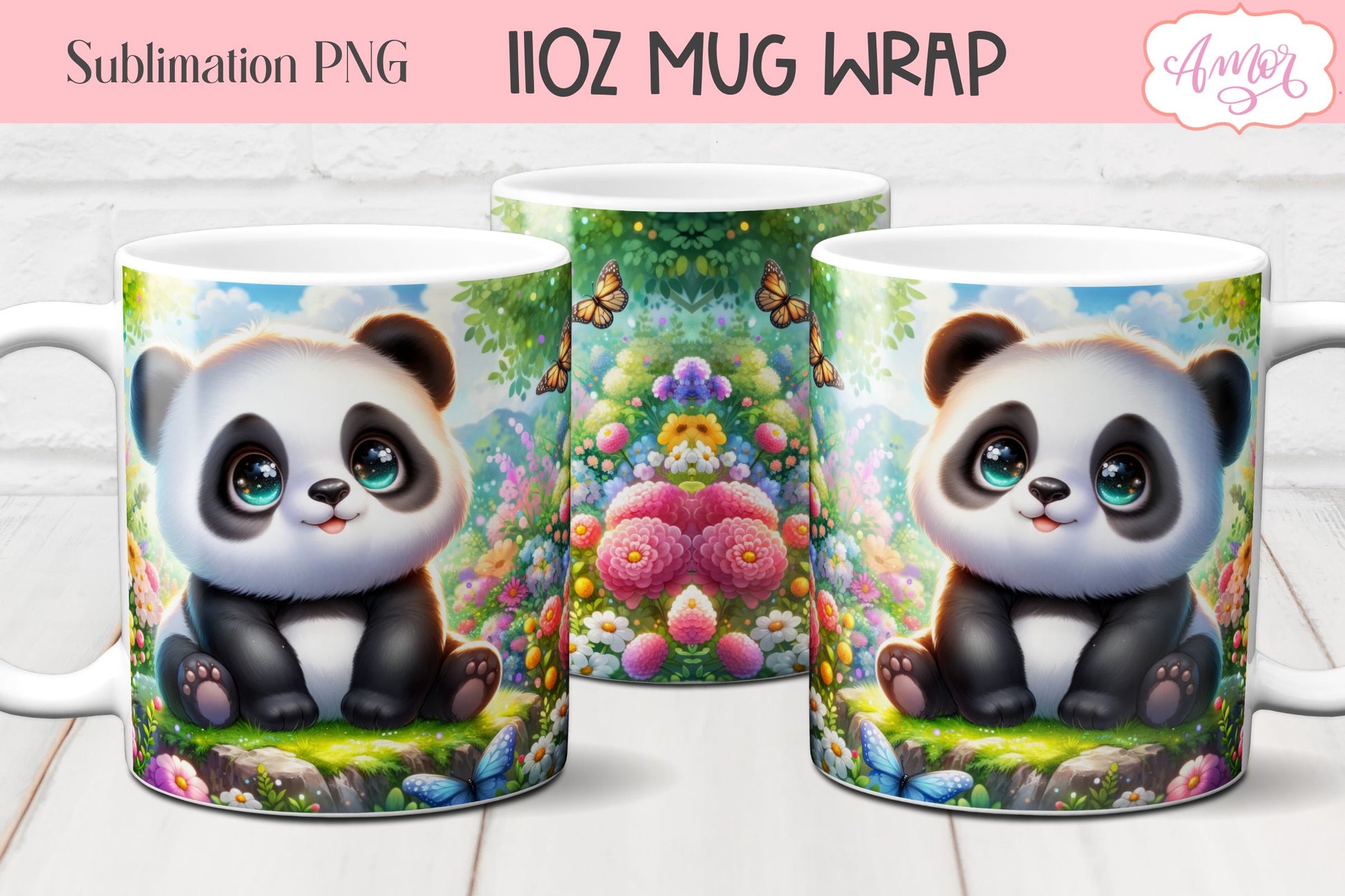 Cute baby panda bear mug wrap PNG for sublimation BUNDLE