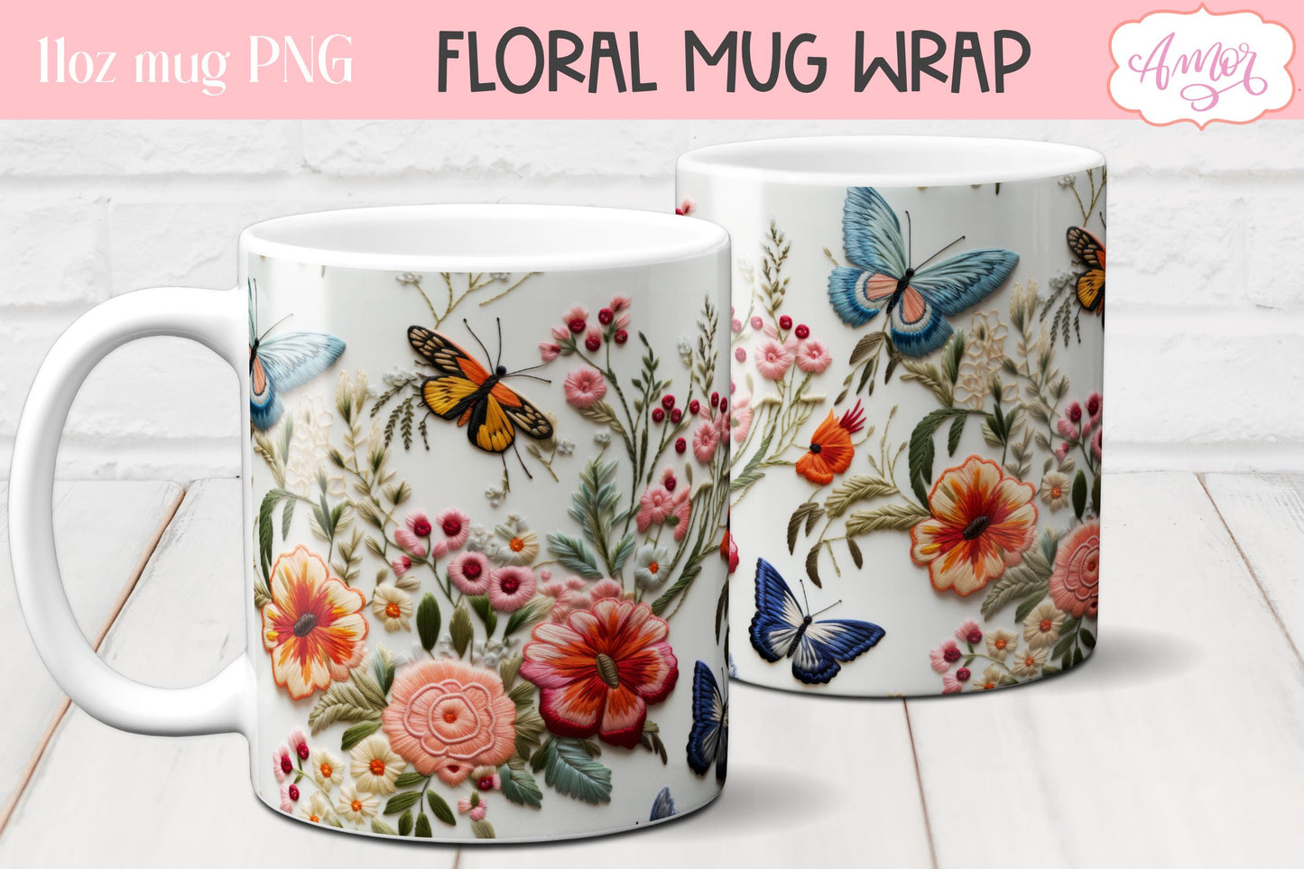 3D embroidery flowers mug wrap design sublimation