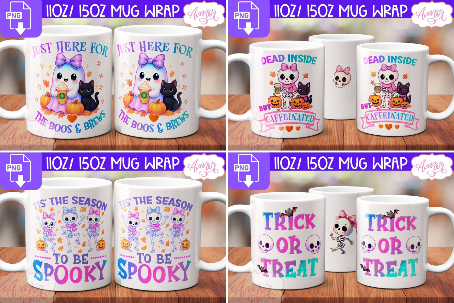 BUNDLE Halloween Mug Wrap PNG, Cute Halloween Mug Template