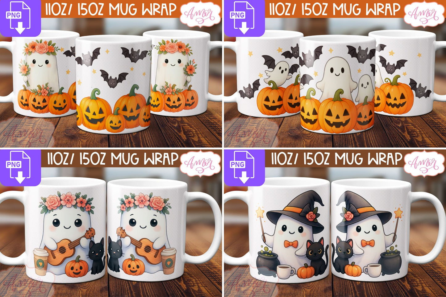 DIGITAL DOWNLOAD BUNDLE Cute ghost mug wrap, Sublimation png