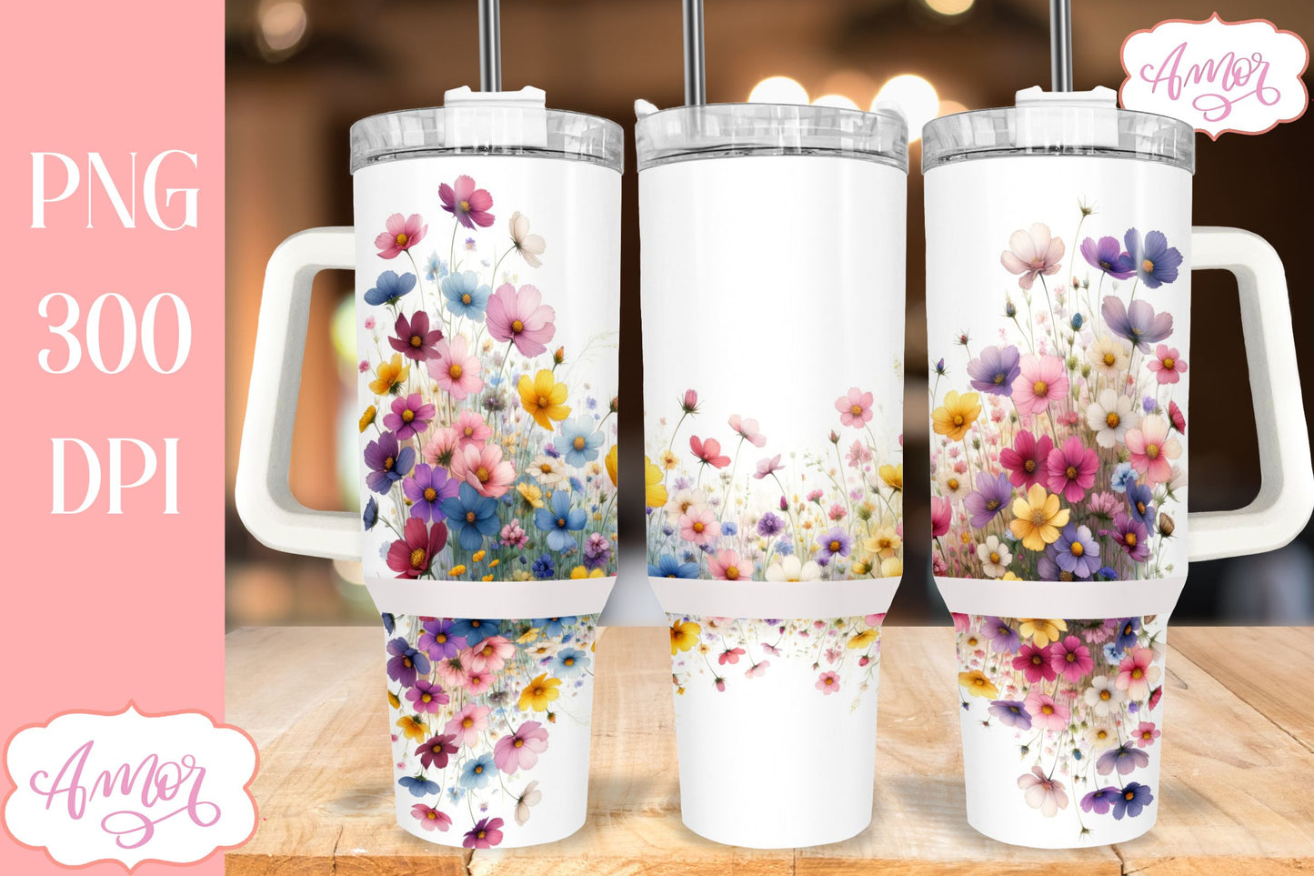 Watercolor wildflowers 40 oz tumbler PNG for sublimation