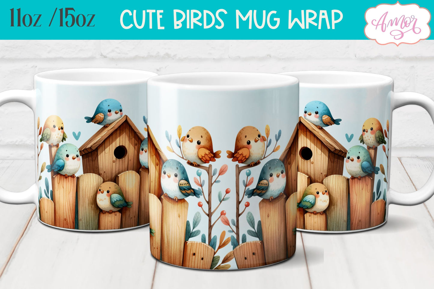 Bundle of 8 Cute watercolor birds mug wraps for sublimation