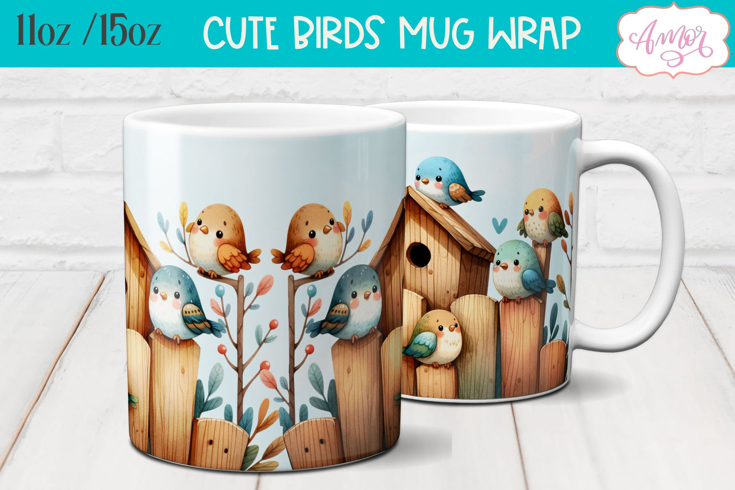 Bundle of 8 Cute watercolor birds mug wraps for sublimation