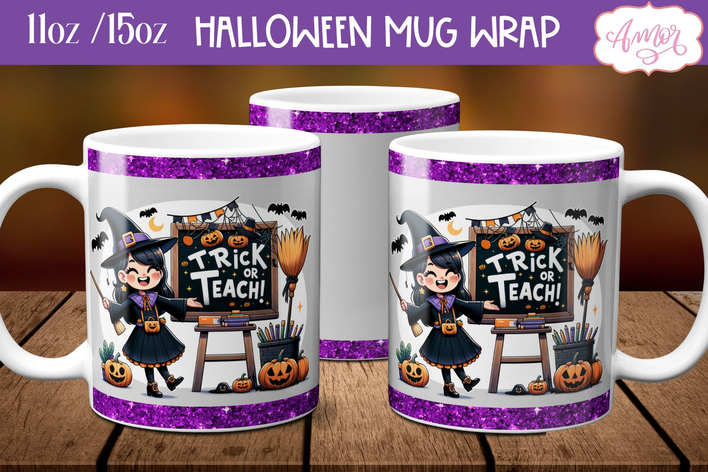 Trick or teach mug wrap PNG Teacher Halloween mug design