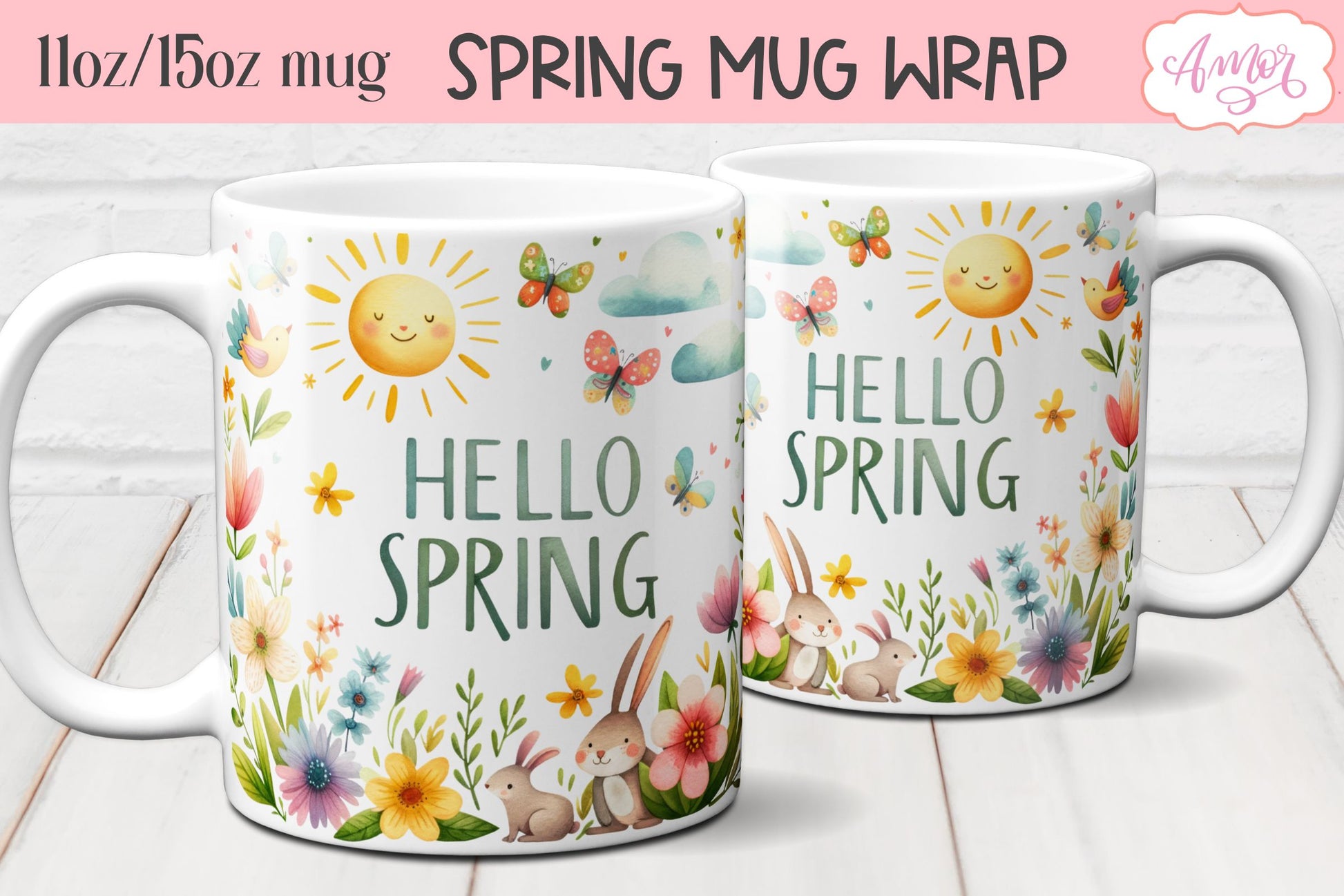 Cute Spring Mug Wrap PNG for Sublimation | Hello Spring PNG