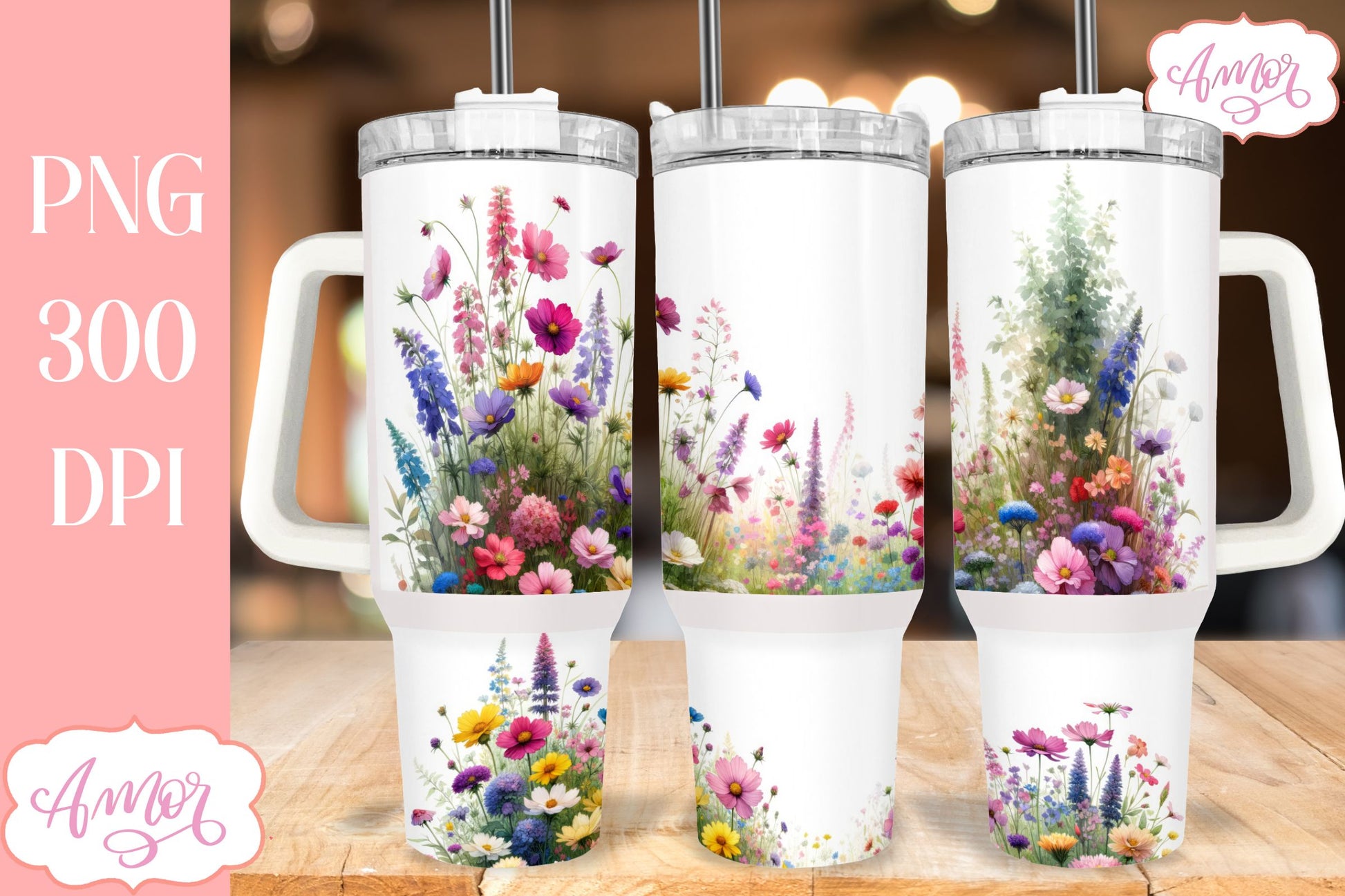 Watercolor wildflowers 40 oz tumbler PNG for sublimation