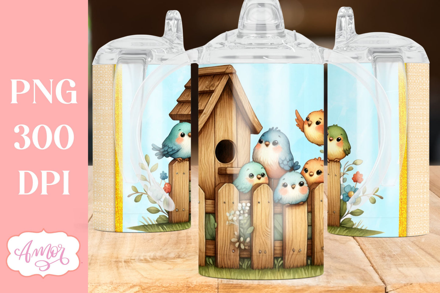 Cute birds sippy cup sublimation PNG | Kids tumbler template