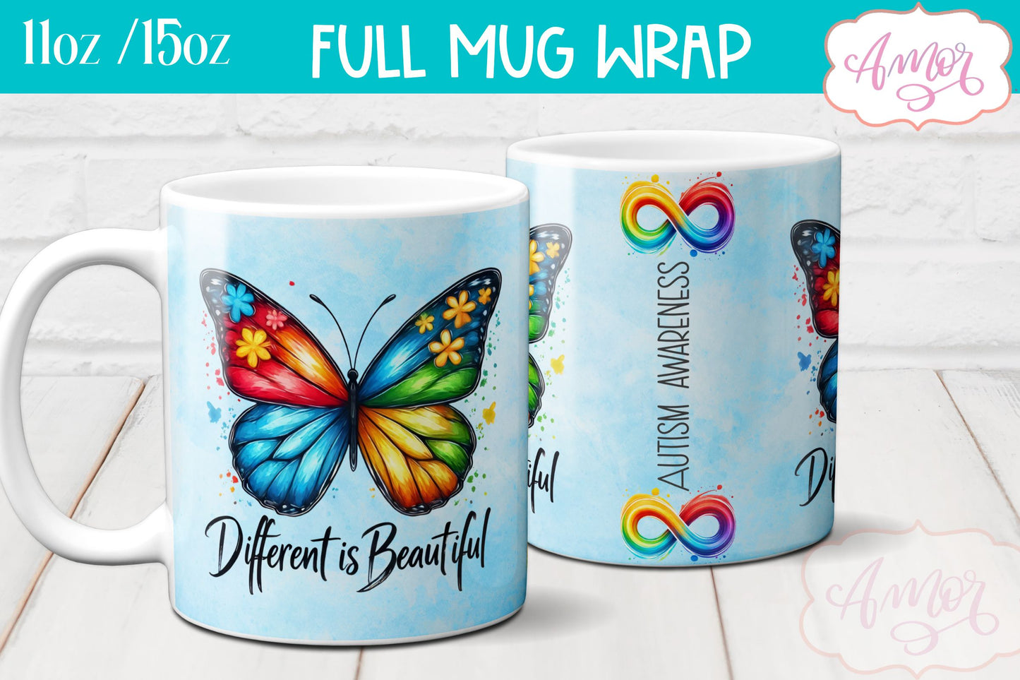 Autism awareness mug wrap | Different is beautiful mug PNG