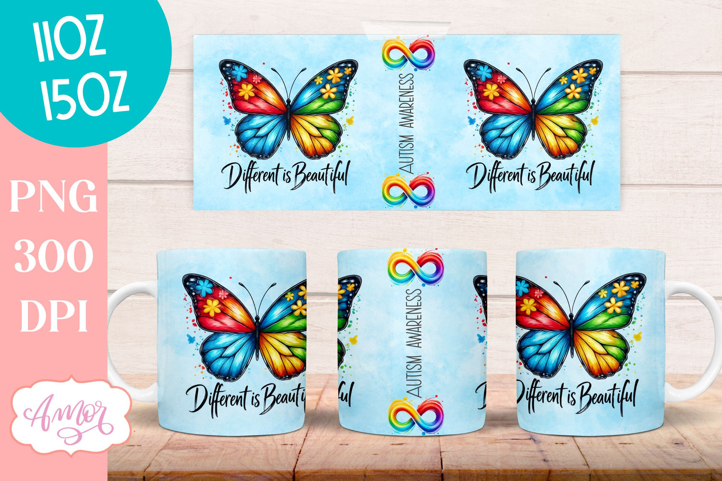 Autism awareness mug wrap | Different is beautiful mug PNG