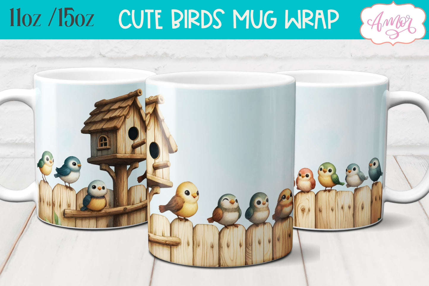 Bundle of 8 Cute watercolor birds mug wraps for sublimation