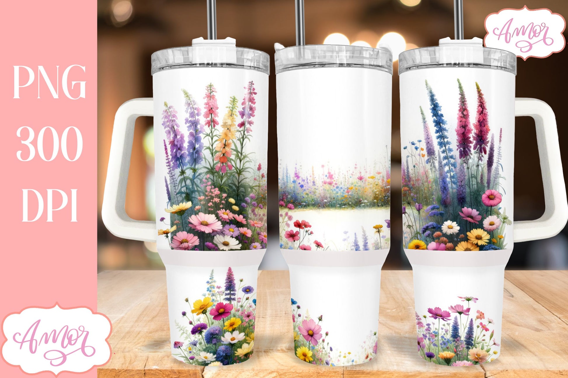 Watercolor wildflowers 40 oz tumbler PNG for sublimation